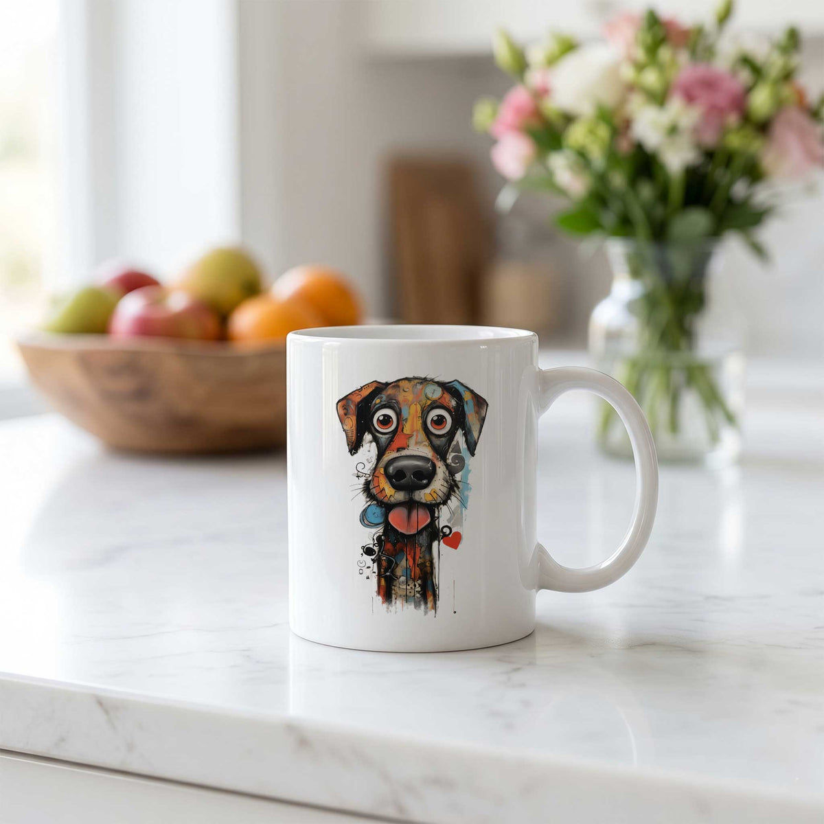 Witte mok met kleurrijke artistieke hond met grote ogen en uitstekende tong, staand op een lichte keukenbar met fruit en bloemen op de achtergrond.