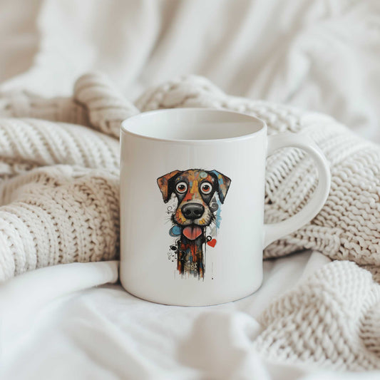 Witte mok tussen crèmekleurige gebreide dekens met kleurrijke hond met grote ogen, zwarte snoet, uitstekende tong en rood hartje.