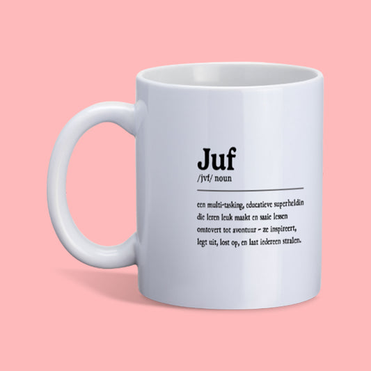 mok met een speelse definitie van ‘juf’ in de vorm van een ‘noun’. Een persoonlijk en inspirerend cadeau om de juf te laten stralen tegen een roze achtergrond
