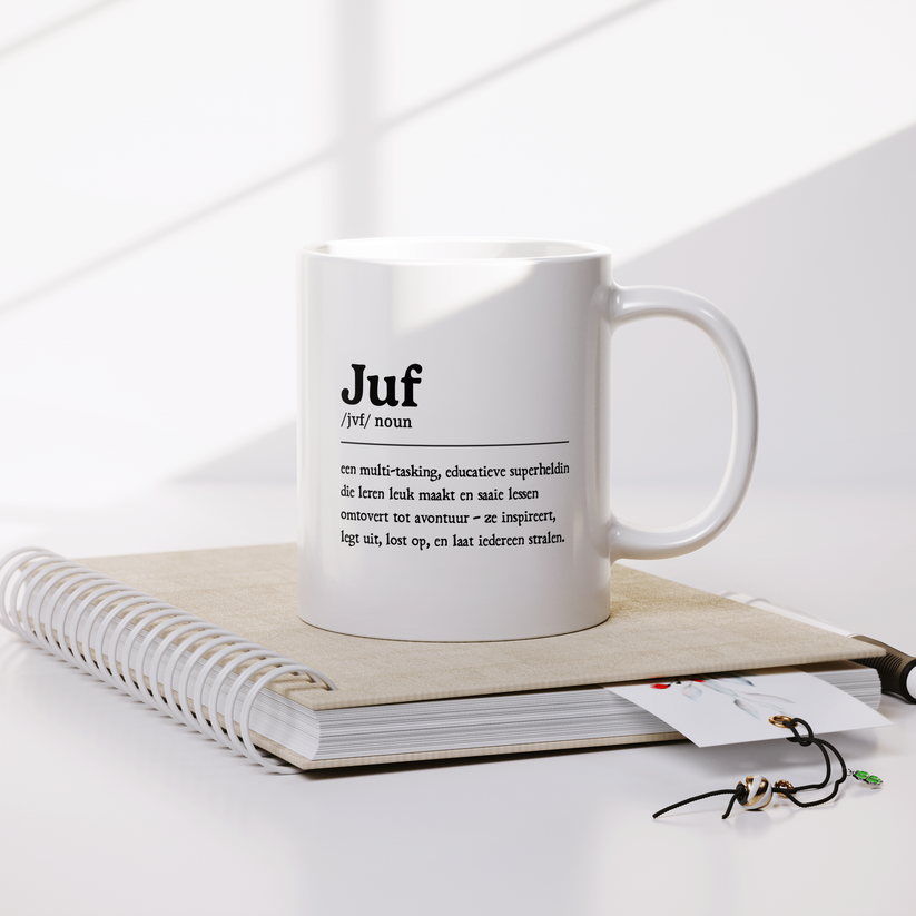 Gepersonaliseerde mok voor juf met definitie tekst en illustratie