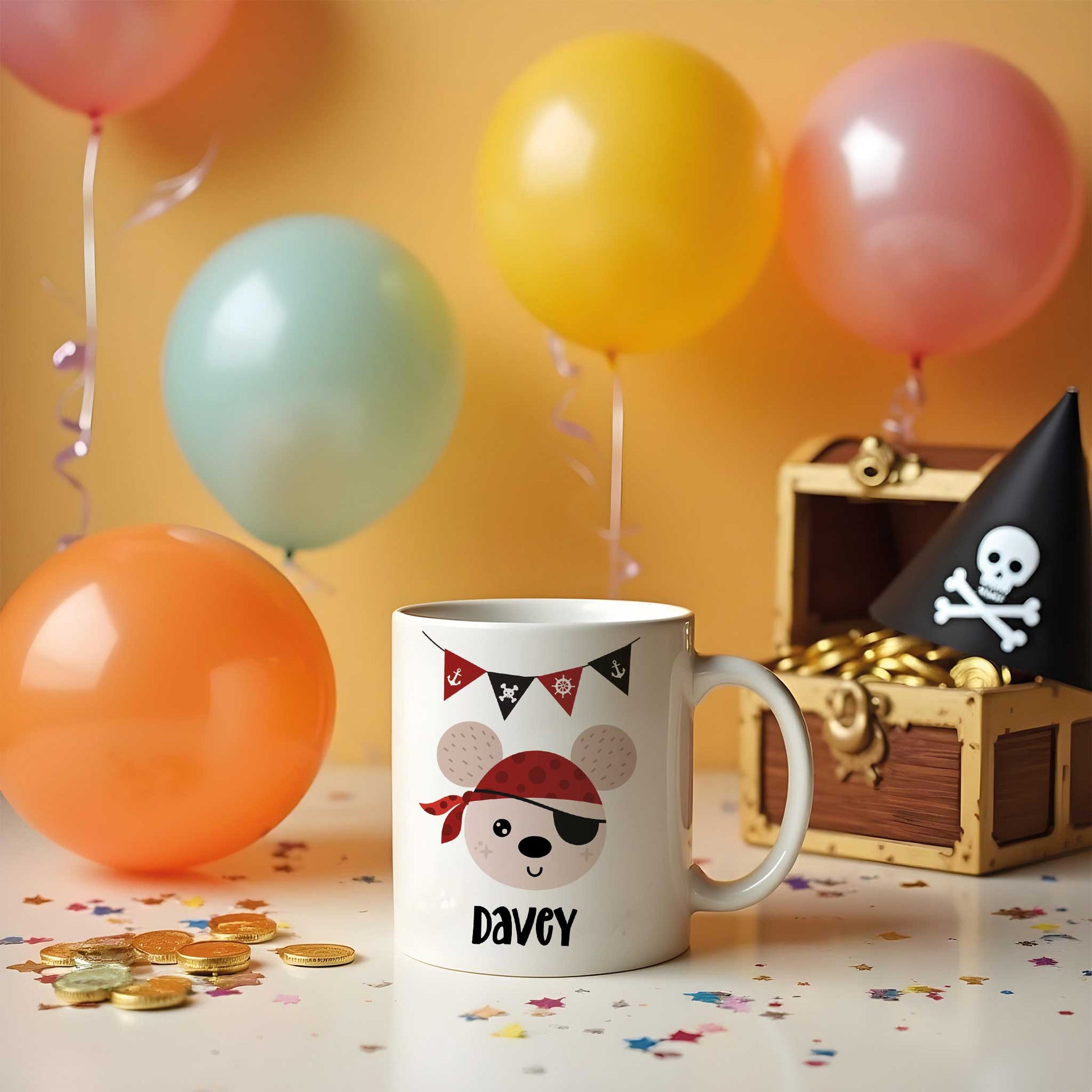 Piraten mok met feestelijke ballonnen en confetti, naam Davey gepersonaliseerd