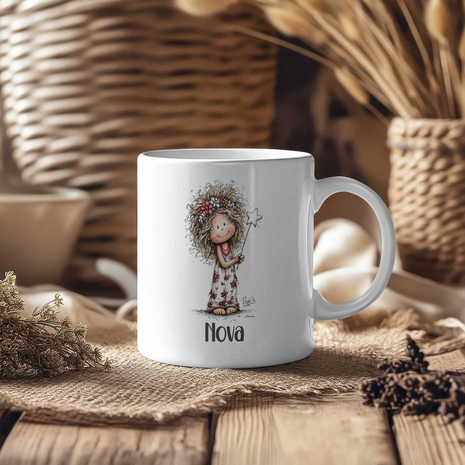 Witte mok met fee-illustratie en naam Nova op een houten tafel met geweven manden en droogbloemen op de achtergrond.