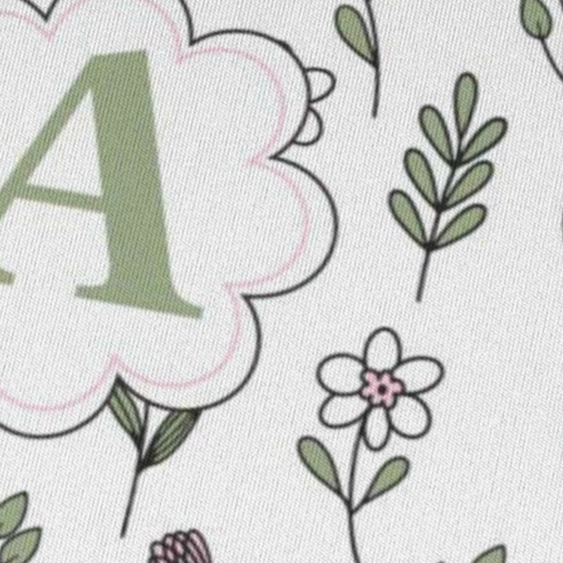 close up van Muismat met antislip onderkant, met patroon van lijn bloemen in licht groene en roze kleuren en in het midden een Monogram van de letter van iemands naam die aanpasbaar is