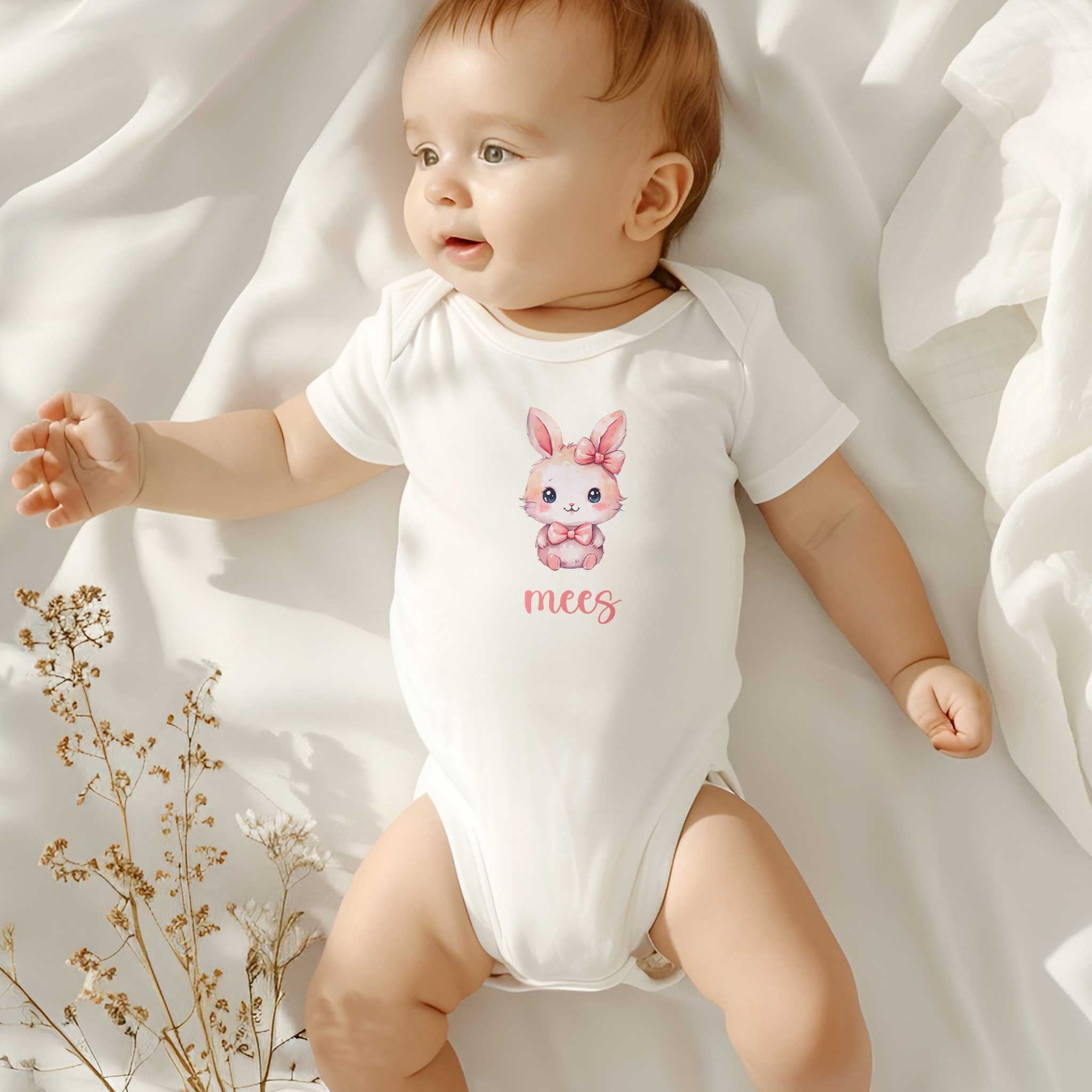 Baby met wit rompertje met kawaii konijntje en roze tekst ‘mees’, liggend op wit beddengoed, geflankeerd door droogbloemen.
