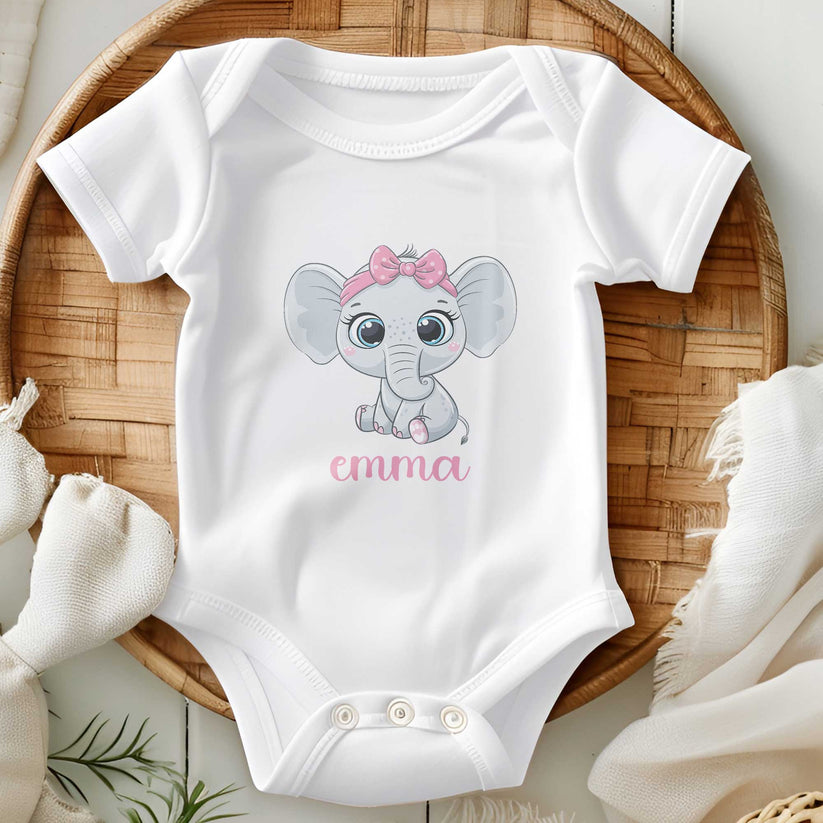 Baby rompertje met naam en olifantje in roze tinten als persoonlijk kraamcadeau