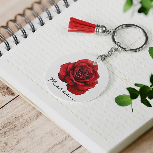 Sleutelhanger met rode roos en naam Marian – gepersonaliseerd en stijlvol accessoire