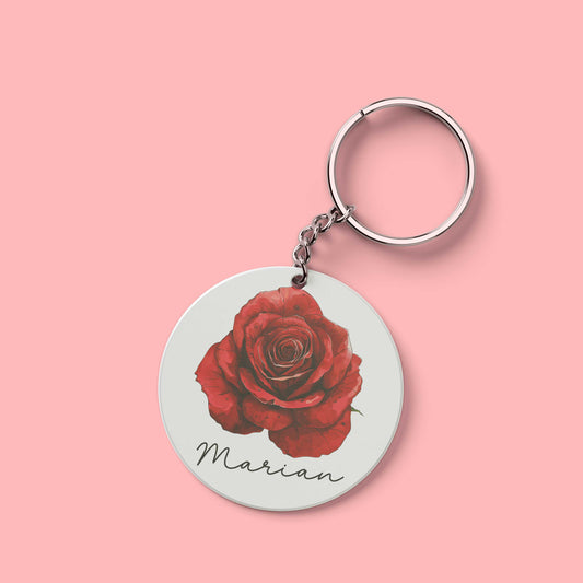 Gepersonaliseerde ronde sleutelhanger met rode roos en naam Marian – romantisch cadeau