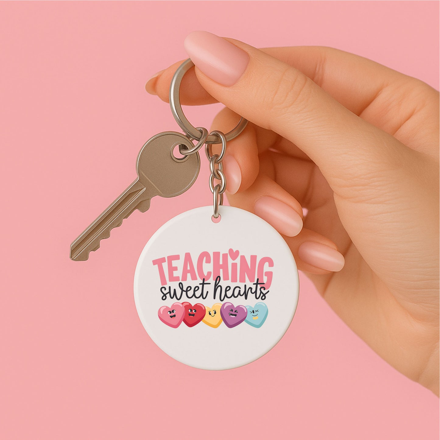 ronde sleutelhanger met de tekst teaching ( in het roze) sweethearts met gekleurde hartjes met gezichtjes 