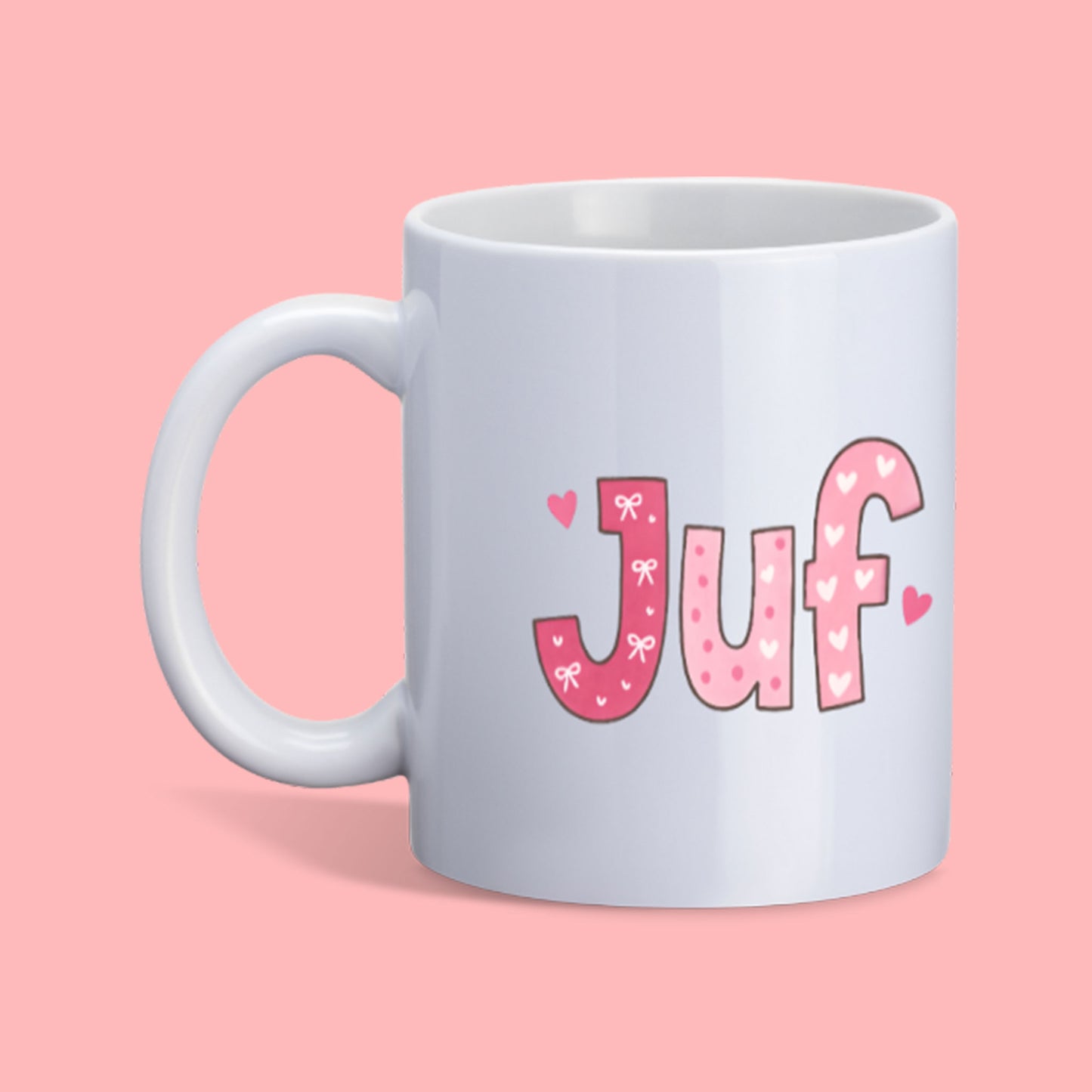 witte mok met tekst Juf in schattige roze tinten met hartjes en strikjes