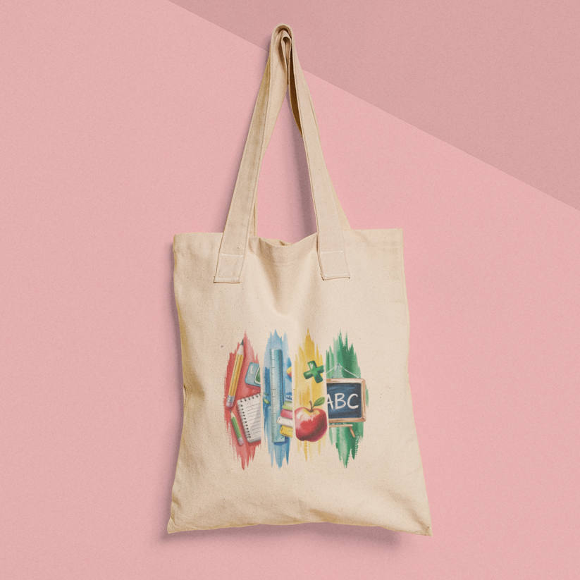 Katoenen totebag voor juf of meester met schoolillustraties