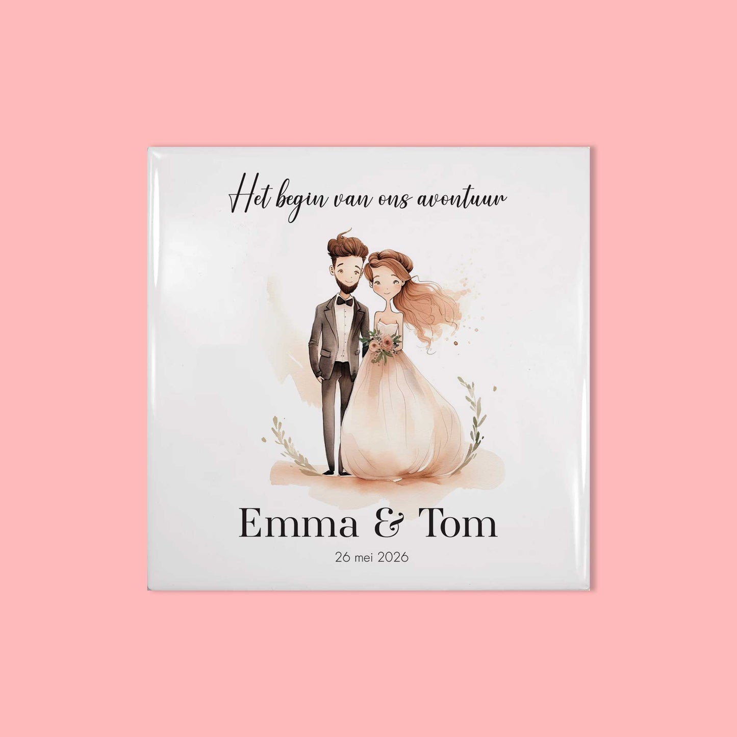 Tegeltje met namen, trouwdatum en bruidspaar illustratie in zachte tinten