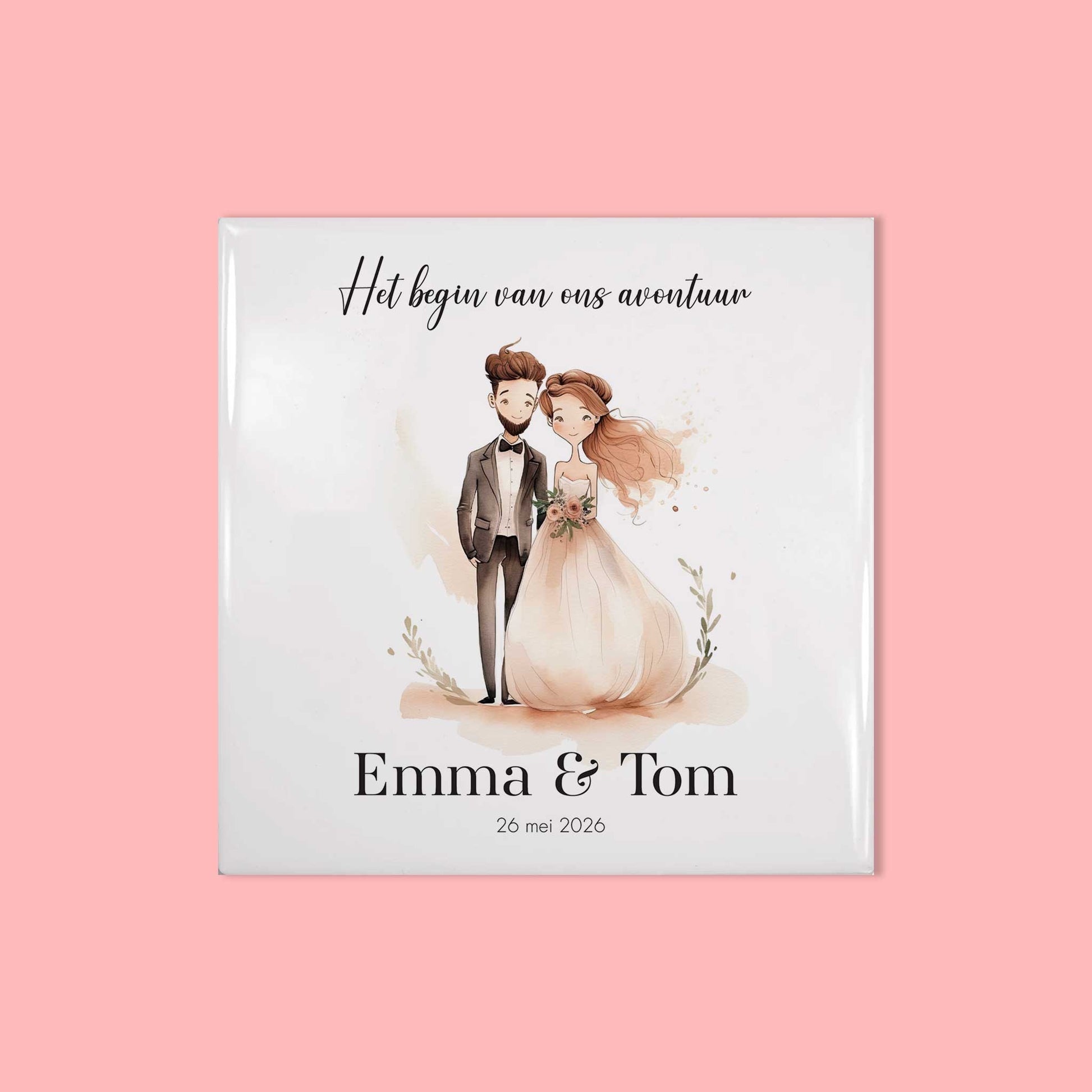 Tegeltje met namen, trouwdatum en bruidspaar illustratie in zachte tinten
