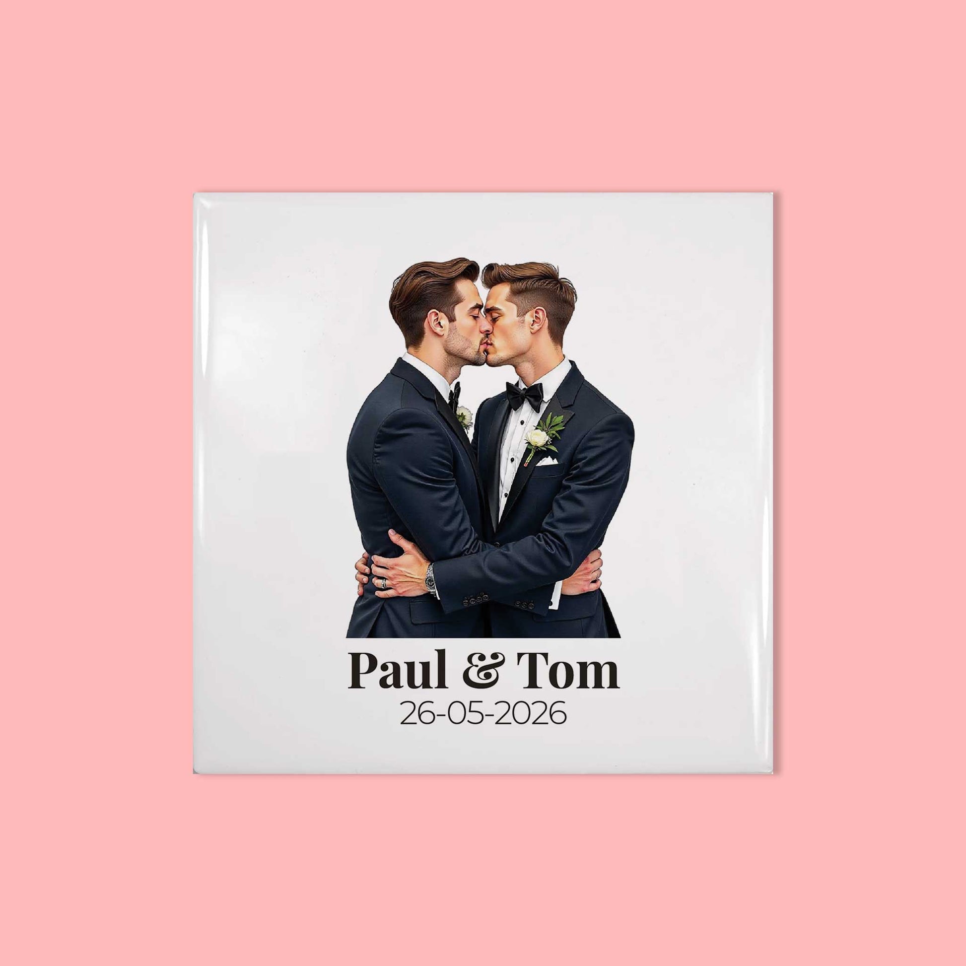 Man-man bruidspaar illustratie op keramiek tegeltje met namen - gepersonaliseerd