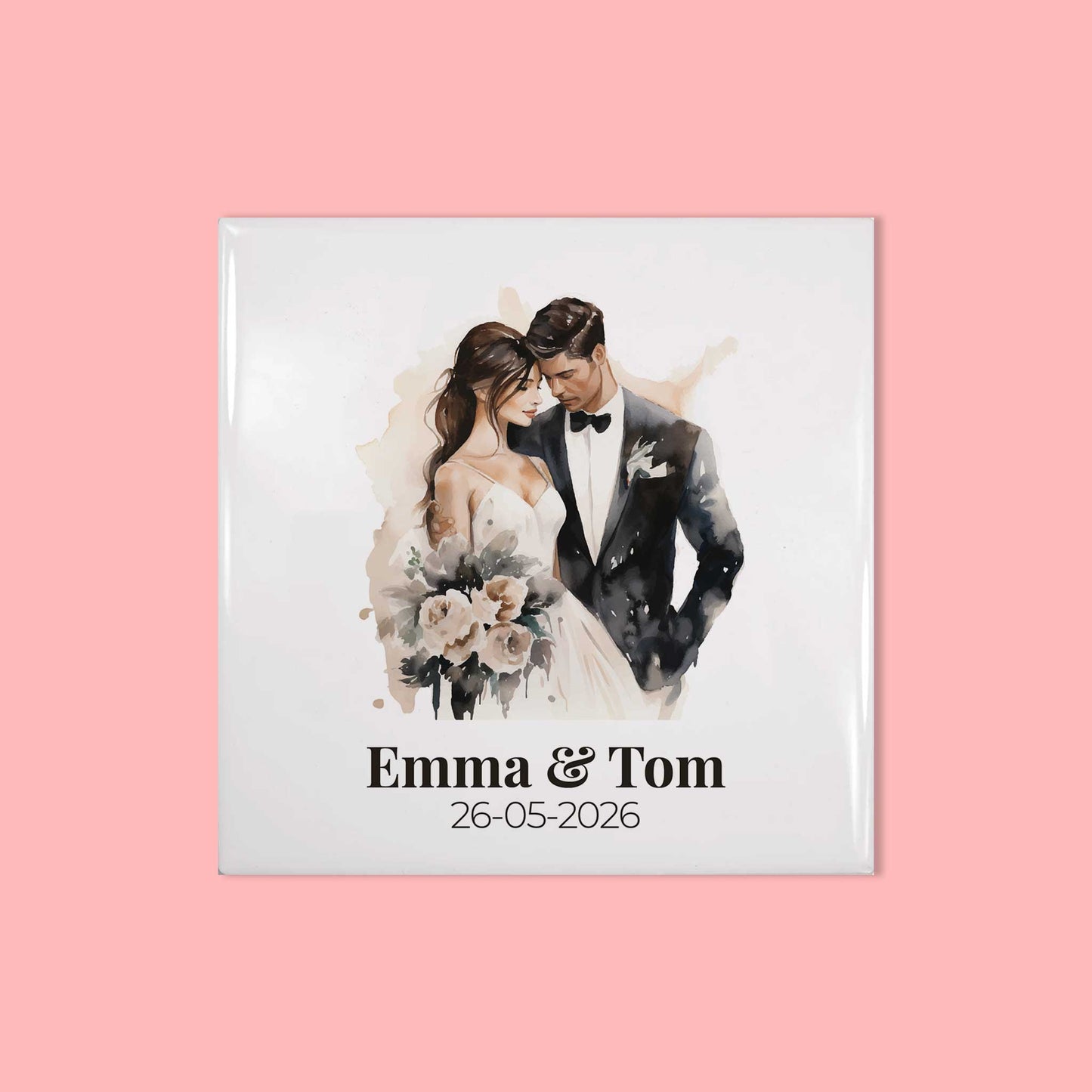 Keramisch trouwtegeltje met romantisch bruidspaar illustratie, namen en datum