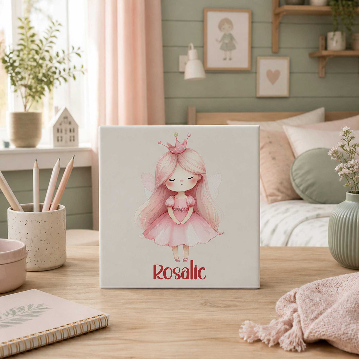 Gepersonaliseerd keramisch tegeltje met prinses en naam Rosalie op een houten bureau in een boho Scandinavische meisjeskamer met roze en saliegroene accenten.