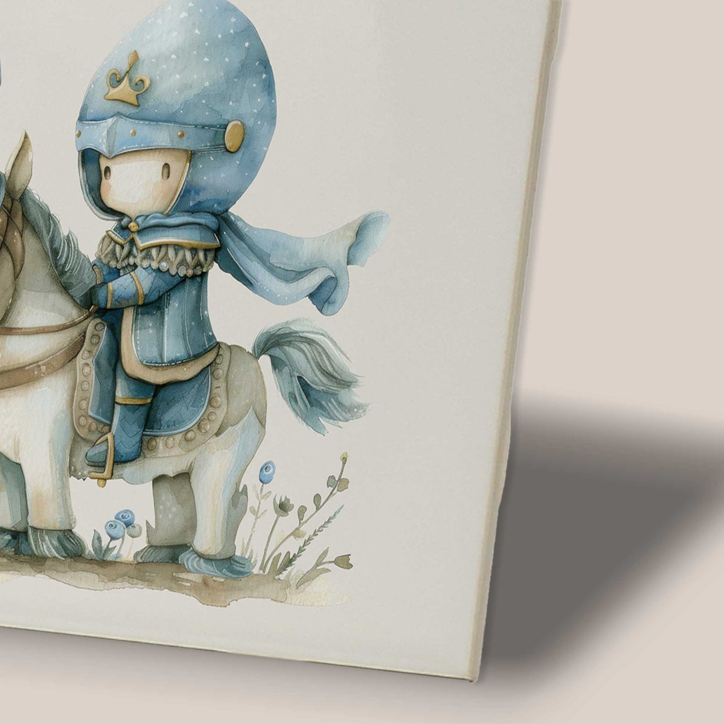 Close-up van de illustratie van een kleine ridder op een wit paard op een keramiek tegeltje.
