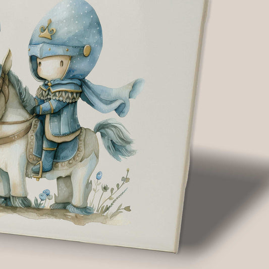 Close-up van de illustratie van een kleine ridder op een wit paard op een keramiek tegeltje.