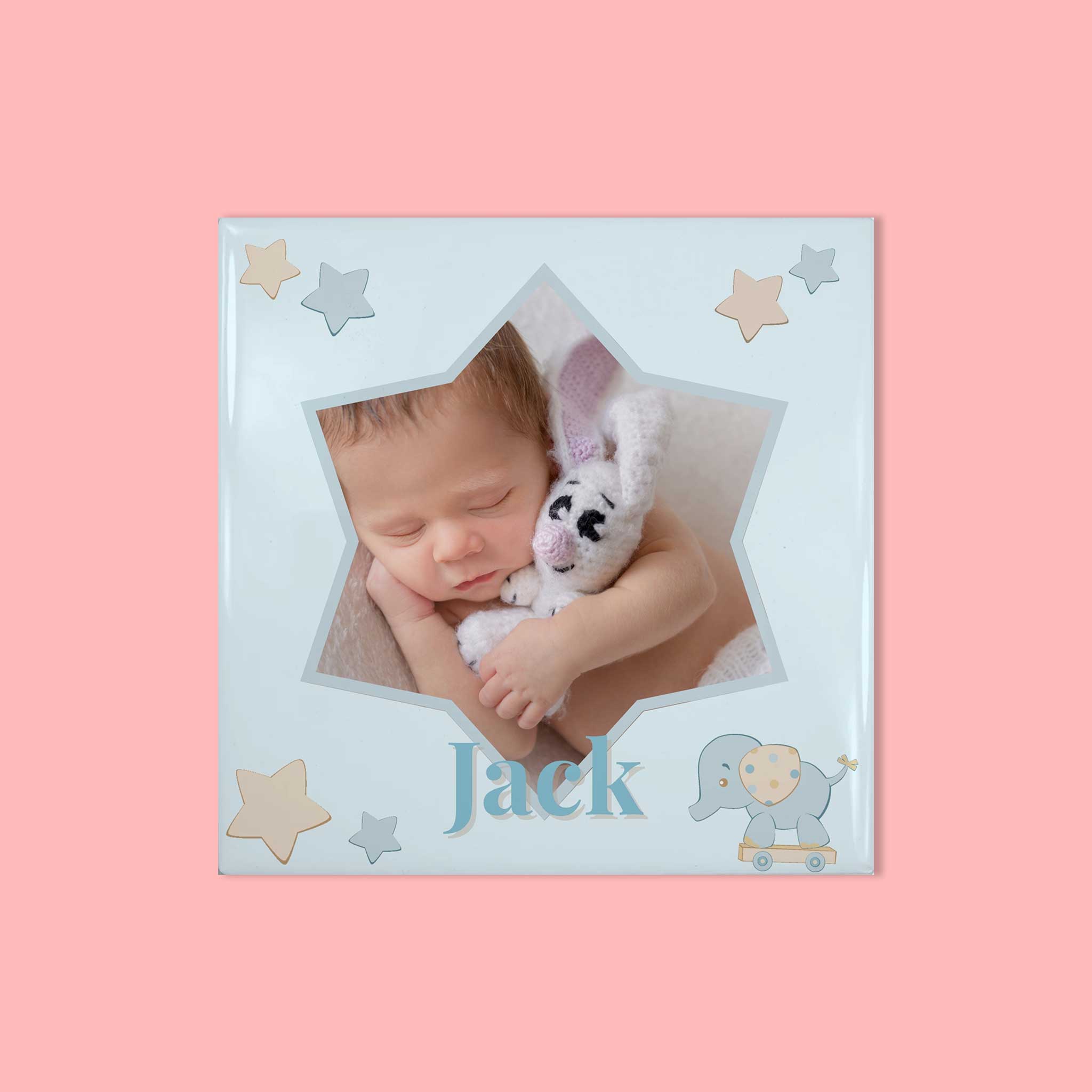 Vierkant keramisch tegeltje met foto in ster en naam Jack – pastelblauw