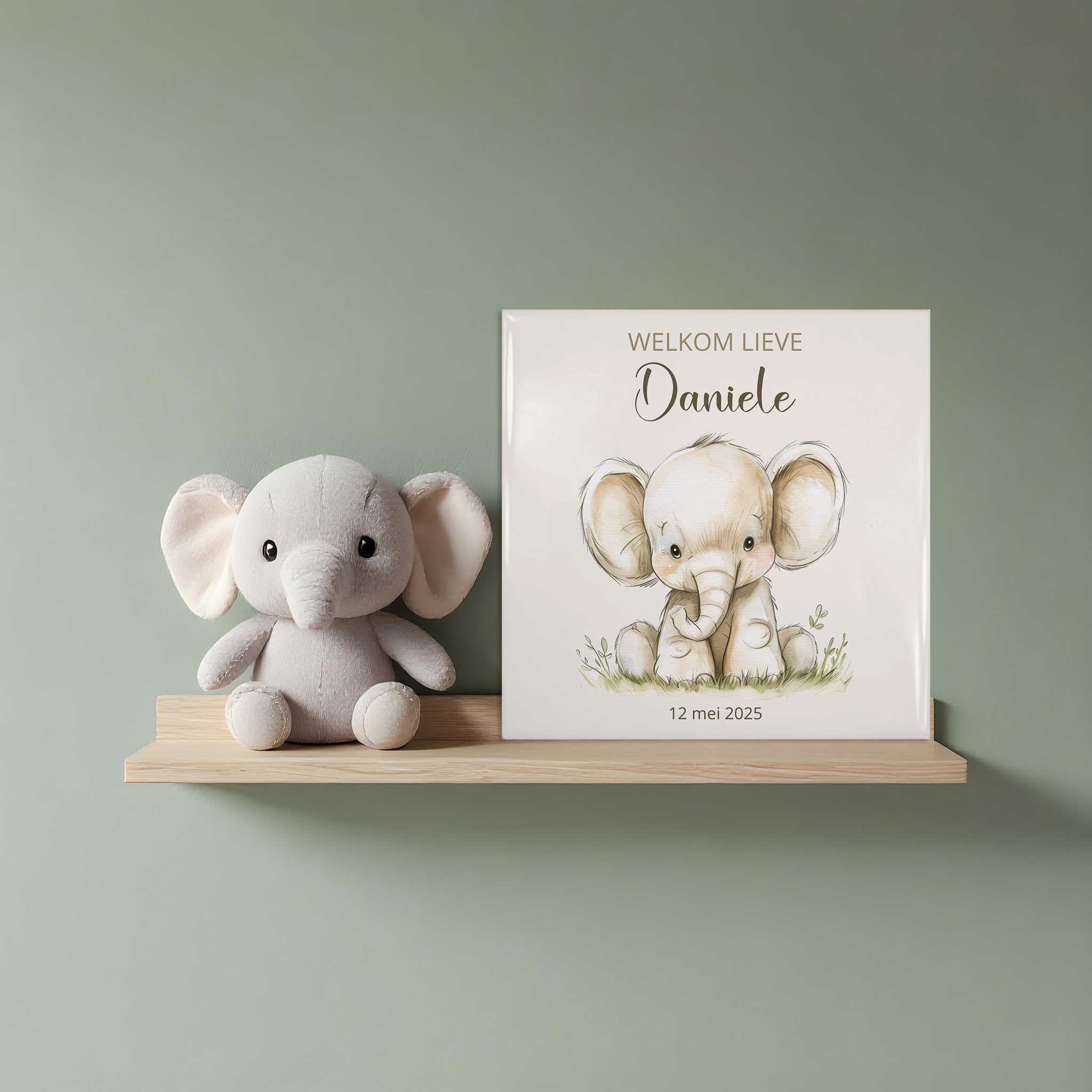 Babytegeltje met olifantje, naam Daniele en geboortedatum op plank naast knuffel
