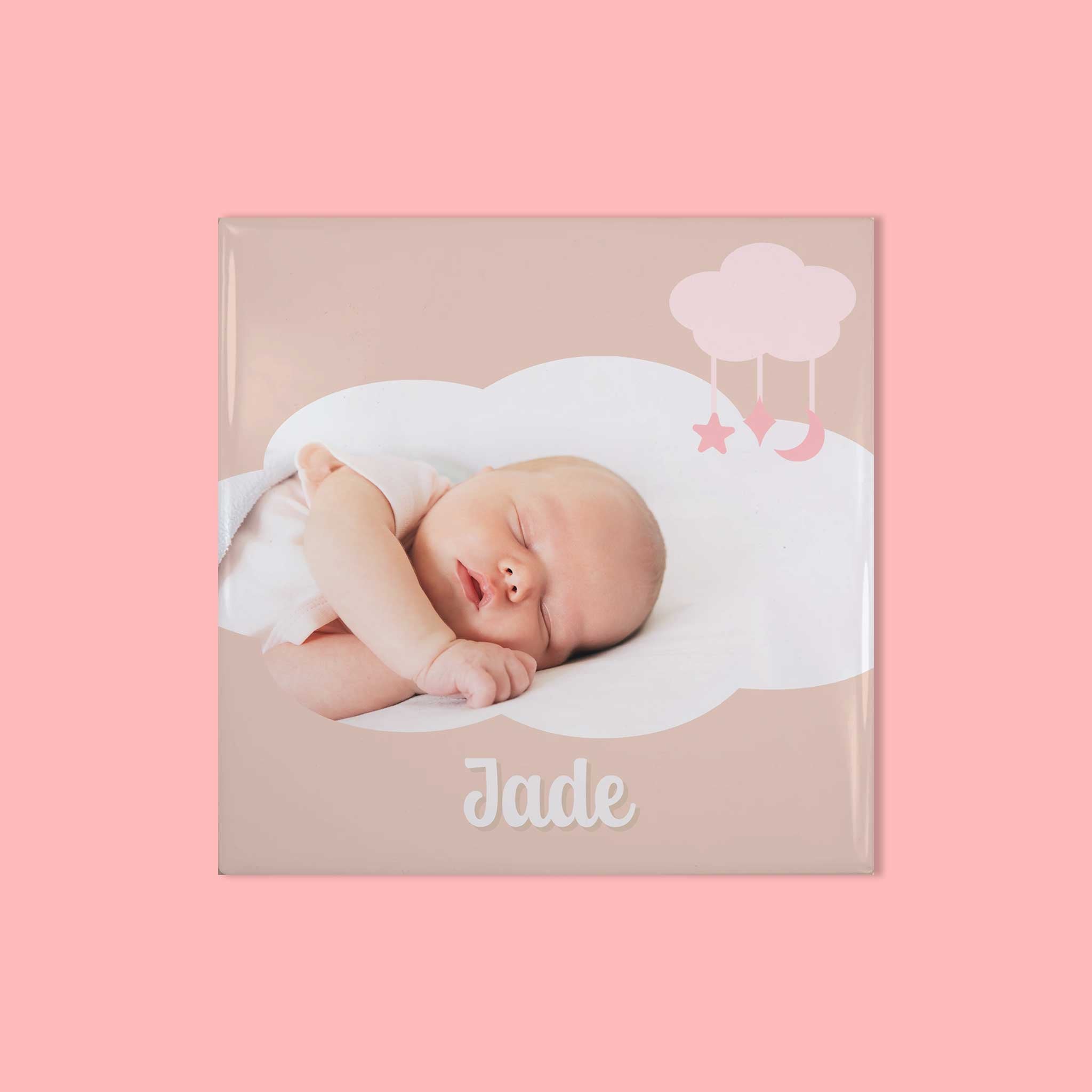 Babytegeltje met wolkje, foto en naam – gepersonaliseerd kraamcadeau