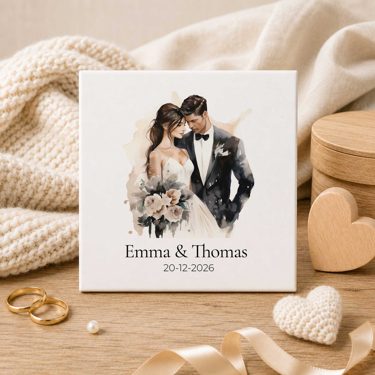 Wit vierkant tegeltje rechtop op een houten tafel met een illustratie van een bruid en bruidegom en daaronder Emma & Thomas en 20-12-2026. Rondom staan lichte gebreide stoffen, houten decoraties en voor het tegeltje liggen twee gouden trouwringen, een parel en een licht lint.