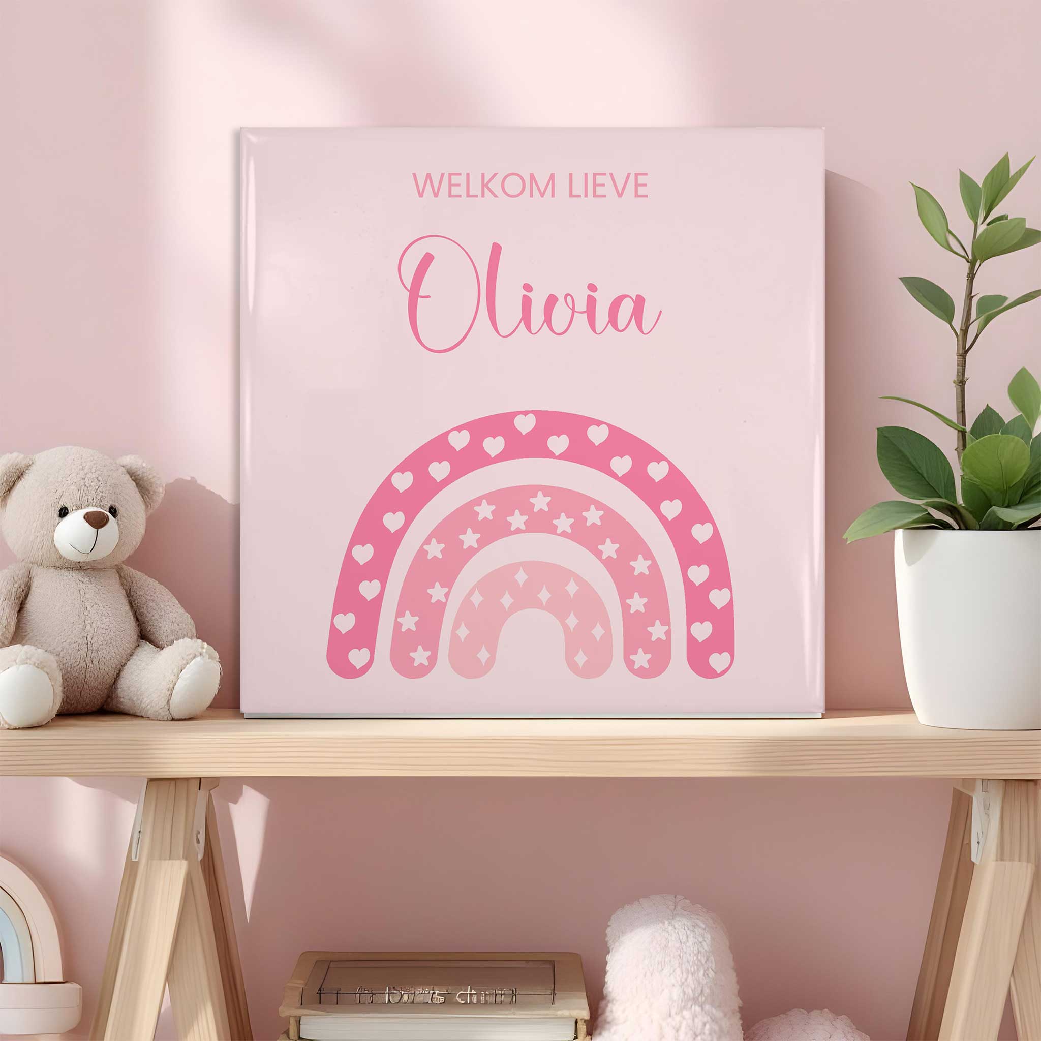 Roze babytegeltje met regenboog en naam Olivia op plank met teddybeer en plant