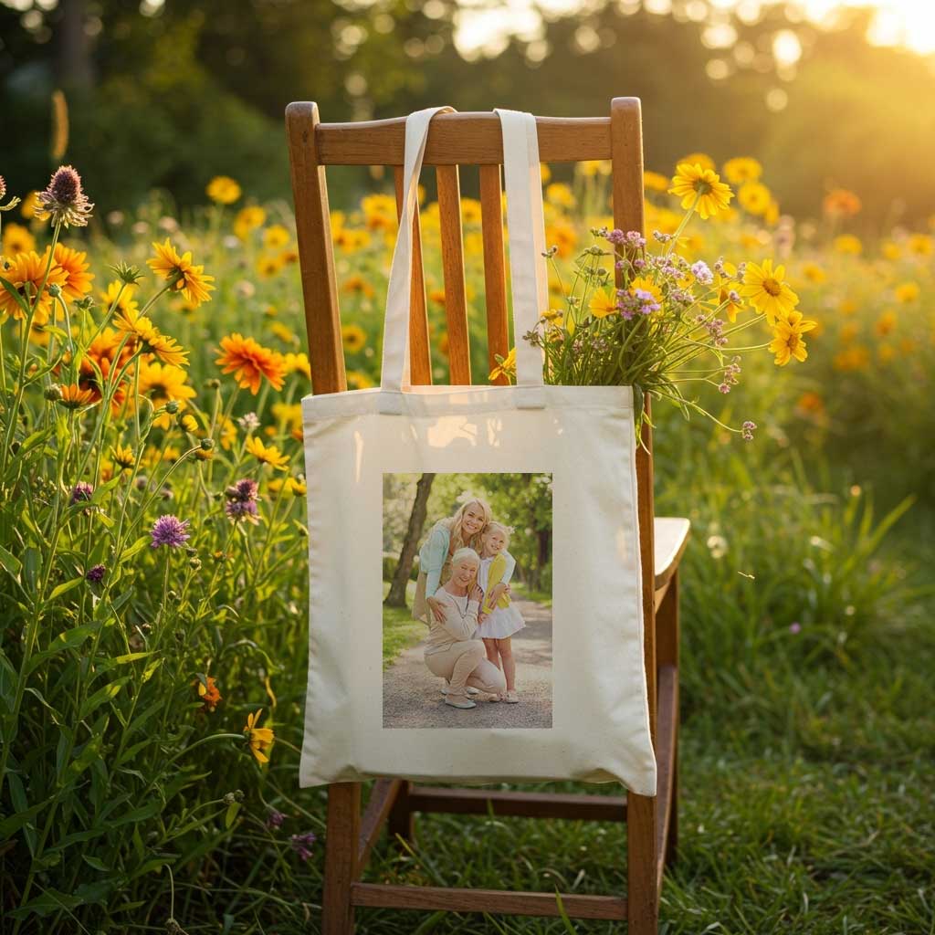 Beige totebag bedrukt met een familiefoto van drie generaties, hangend aan een houten stoel in een bloemenveld met gele bloemen in de avondzon