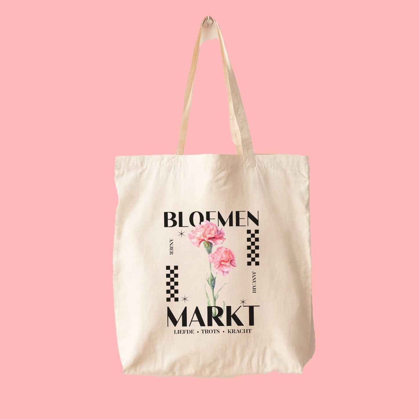 totebag met de tekst bloemenmarkt met geboortebloem voor de maand januari , een roze aster en de kernwoorden voor deze maand : liefde, trots en kracht