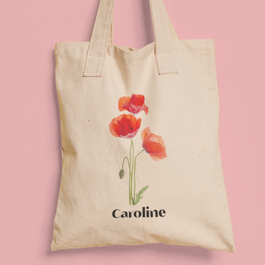 Gepersonaliseerde totebag met klaprozen en naam 