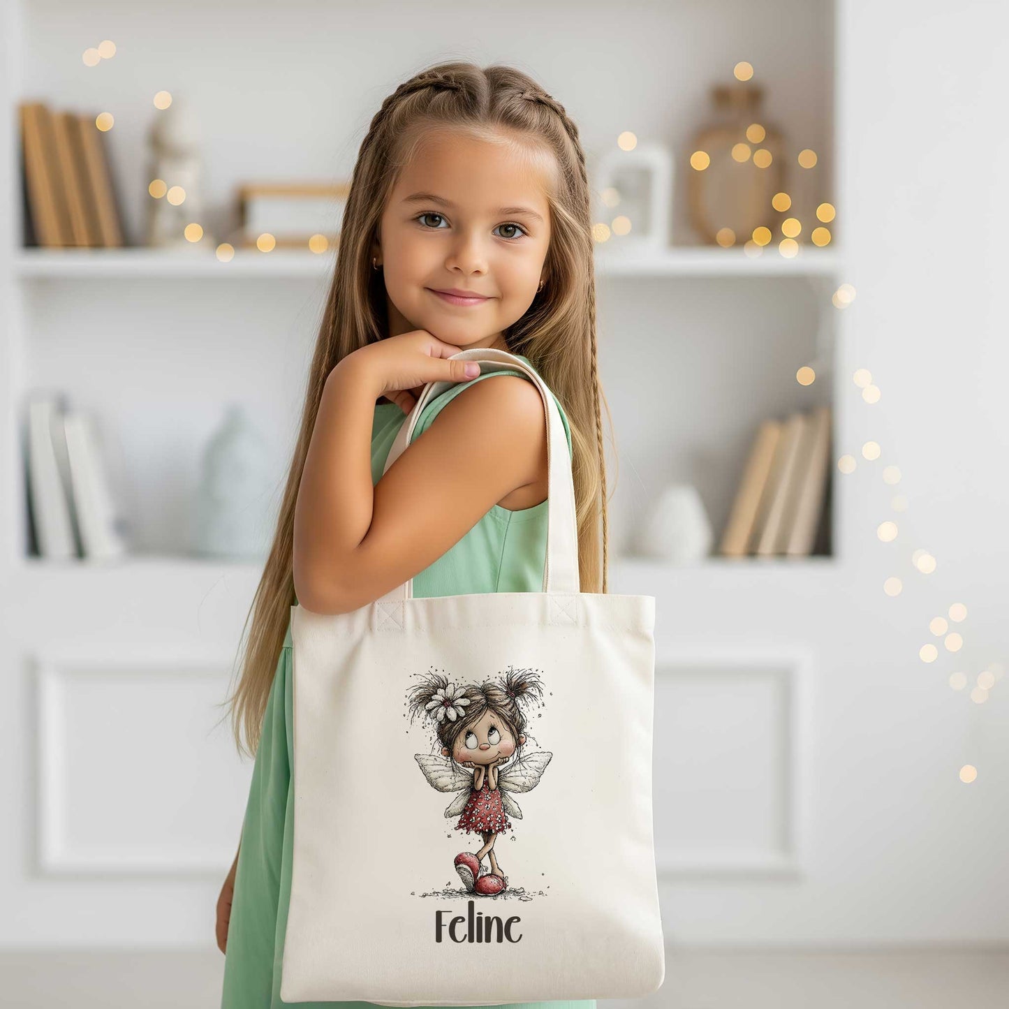 Meisje draagt een beige totebag met een illustratie van een fee in een rode jurk en de naam Feline.