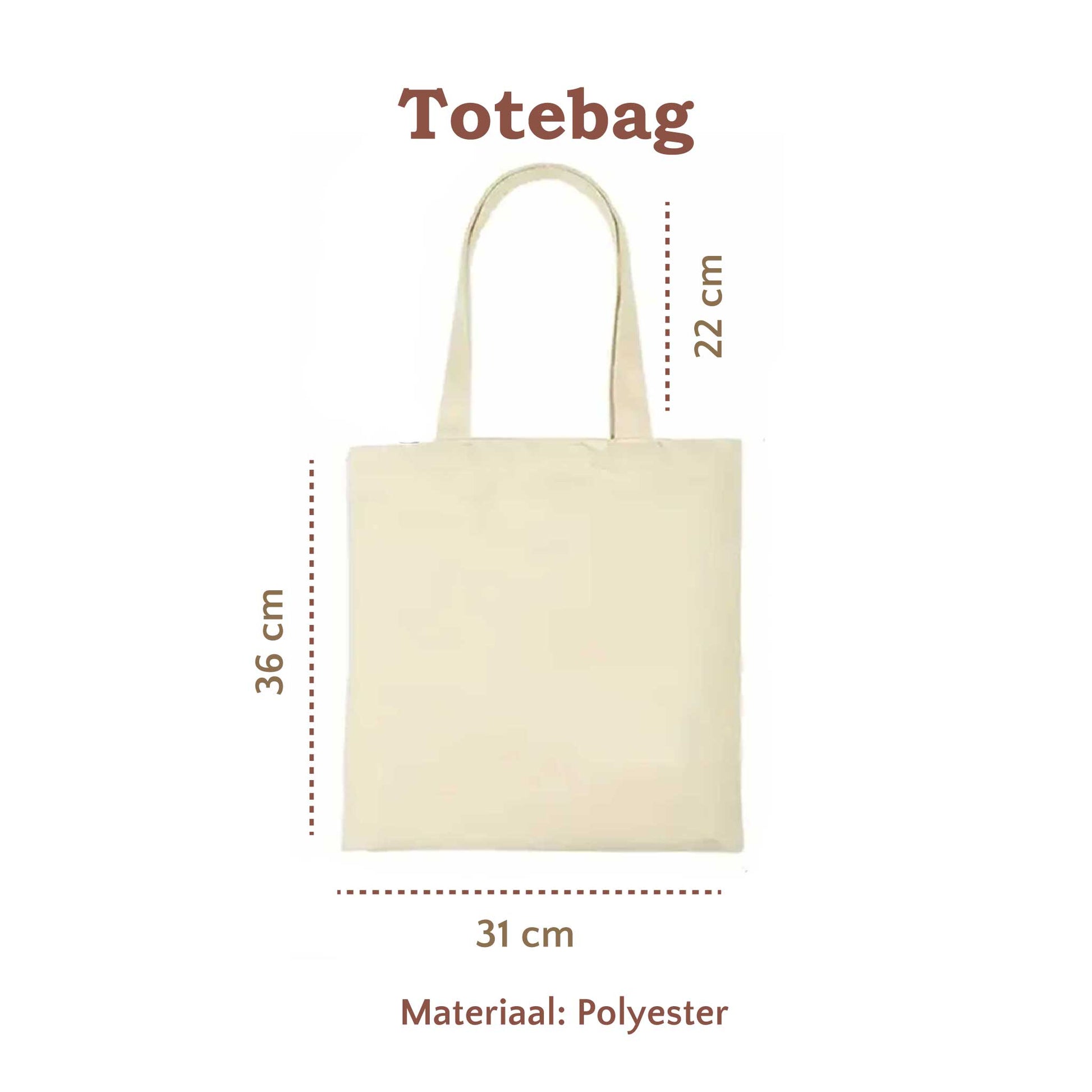 Beige totebag met afmetingen 36 cm hoog, 31 cm breed en hengsels van 22 cm lang. De afbeelding toont dat de tas gemaakt is van polyester.